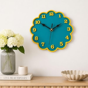 Scallop edge acrylic wall clock with raised numbers — laser cut, custom colors