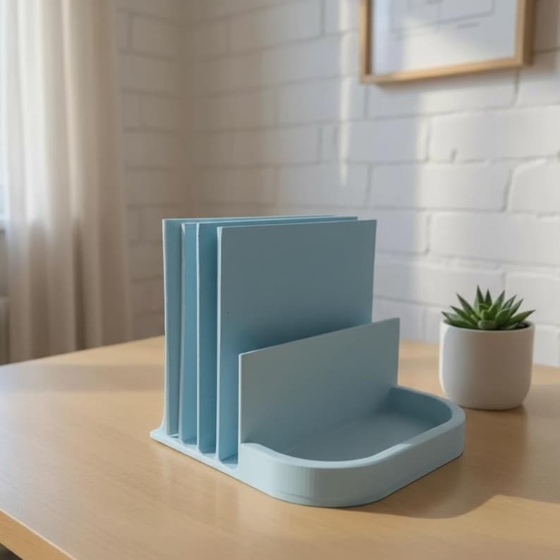 May include: A light blue desk organizer with multiple vertical slots and a small tray. The organizer is made of a solid material and sits on a light wood surface. A small potted succulent is to the right.