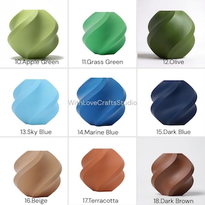 May include: A collection of nine decorative vases in various colors, including apple green, grass green, olive, sky blue, marine blue, dark blue, beige, terracotta, and dark brown. Each vase has a unique, twisted design. The text "WithLoveCraftsStudio" is visible.