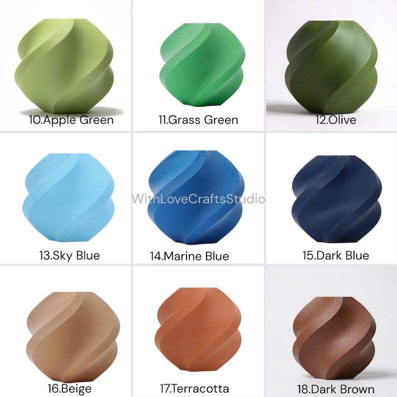 May include: A collection of nine decorative vases in various colors, including apple green, grass green, olive, sky blue, marine blue, dark blue, beige, terracotta, and dark brown. Each vase has a unique, twisted design. The text "WithLoveCraftsStudio" is visible.