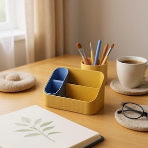 Multi-Compartment Desk Organizer Set | Printed Office Storage | Ribbed Desktop Caddy