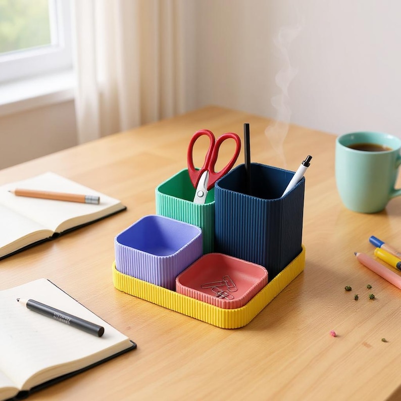 May include: A multi-compartment desk tidy in teal, blue, purple, and red, set on a yellow base. It contains red scissors and a pen. A notebook, pencil, and a mug are also on the wooden desk. The desk tidy is for stationery.