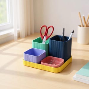 May include: A multi-coloured desk tidy set with a yellow base. It holds containers in green, blue, purple, and red. The organiser contains scissors, pens, and paperclips. The containers have a ribbed texture.