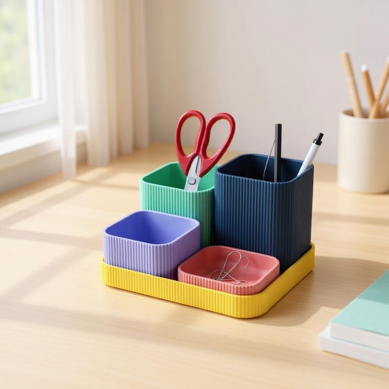 May include: A multi-coloured desk tidy set with a yellow base. It holds containers in green, blue, purple, and red. The organiser contains scissors, pens, and paperclips. The containers have a ribbed texture.