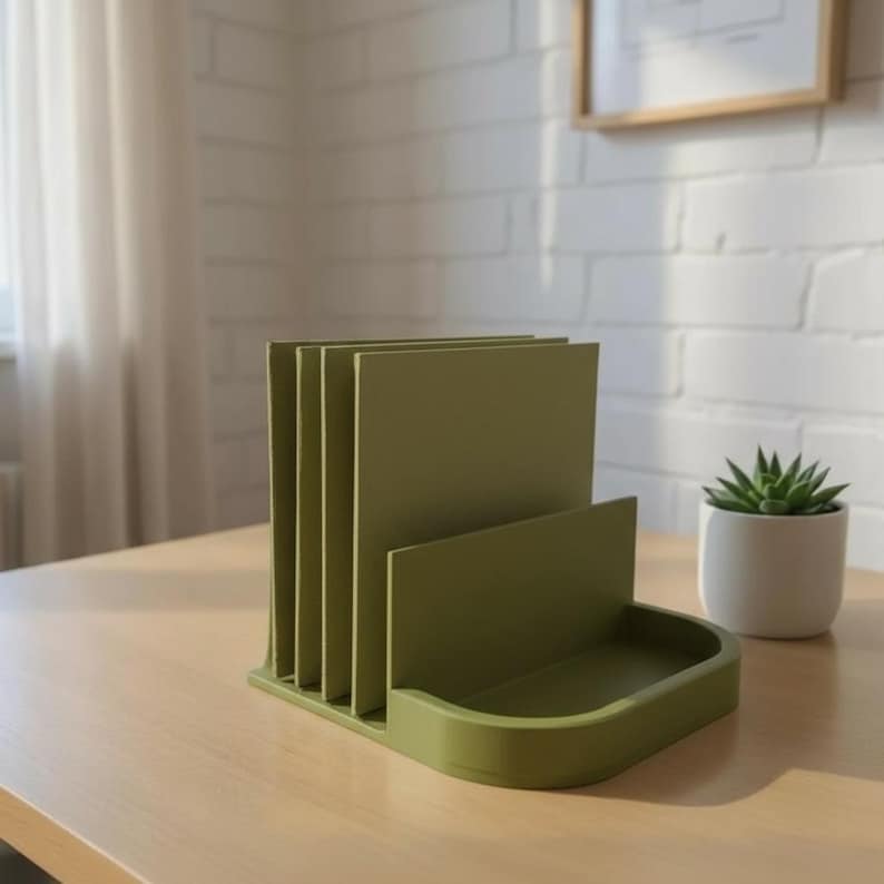May include: Olive green desk organizer with multiple vertical slots for papers and a small tray. The organizer is made of a solid material and sits on a light-colored wooden surface. A small potted succulent is visible in the background.