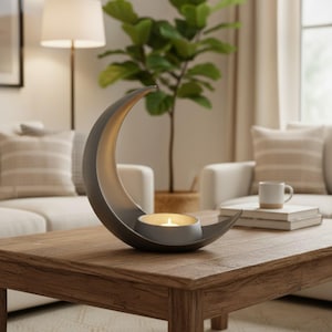 May include: A crescent moon-shaped candle holder with a smooth, matte dark gray finish. The curved structure features a circular base at the bottom designed to hold a small tea light candle, which is currently lit and emitting a soft, warm glow.