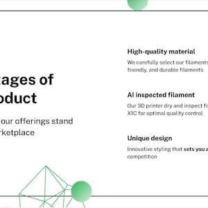 May include: A white graphic with the text "Advantages of Our Product" and "Discover why our offerings stand out in the marketplace." Additional text highlights high-quality material, AI inspected filament, and unique design.