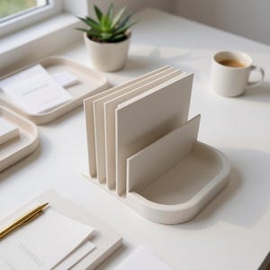 May include: A beige desk organizer with multiple vertical slots for papers and a small tray. A small succulent plant in a white pot, a white mug with coffee, and stationery are also on the white desk.
