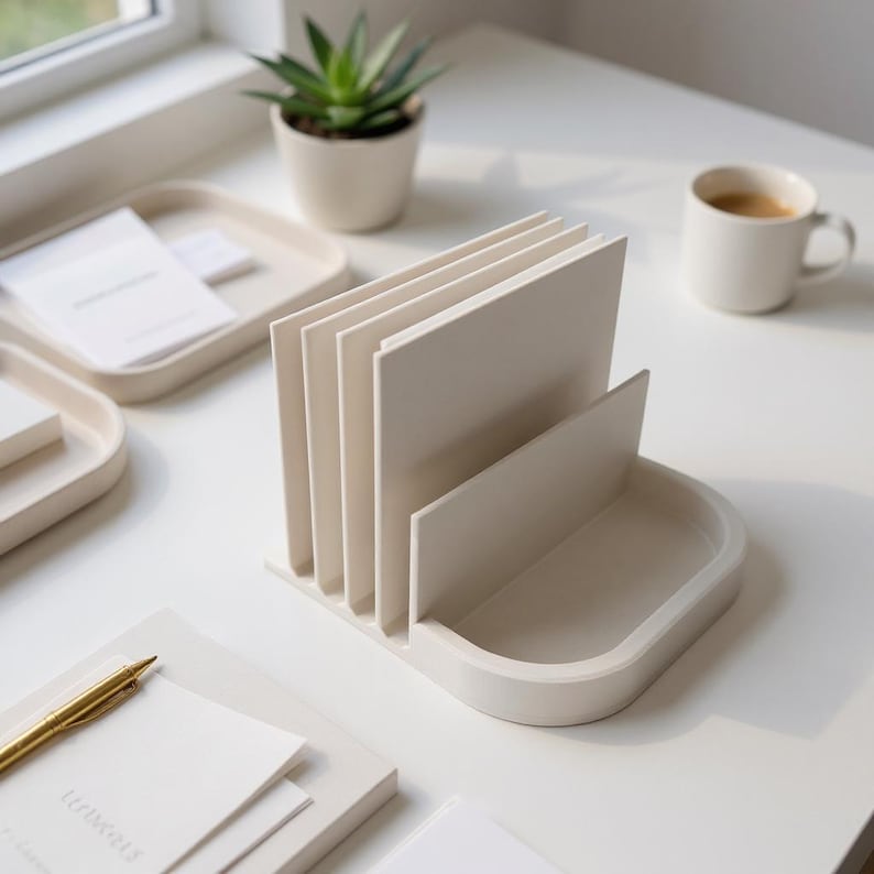 May include: A beige desk organizer with multiple vertical slots for papers and a small tray. A small succulent plant in a white pot, a white mug with coffee, and stationery are also on the white desk.