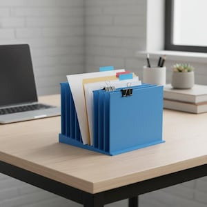 May include: A blue file organizer on a wooden desk holds papers with colorful tabs and binder clips. A laptop and other office supplies are in the background. The organizer is approximately 10 inches wide.