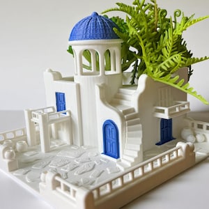 Charming Greek Island House Planter – Santorini Style Pot for Succulents & Herbs – Mediterranean Coastal Home Décor Gift