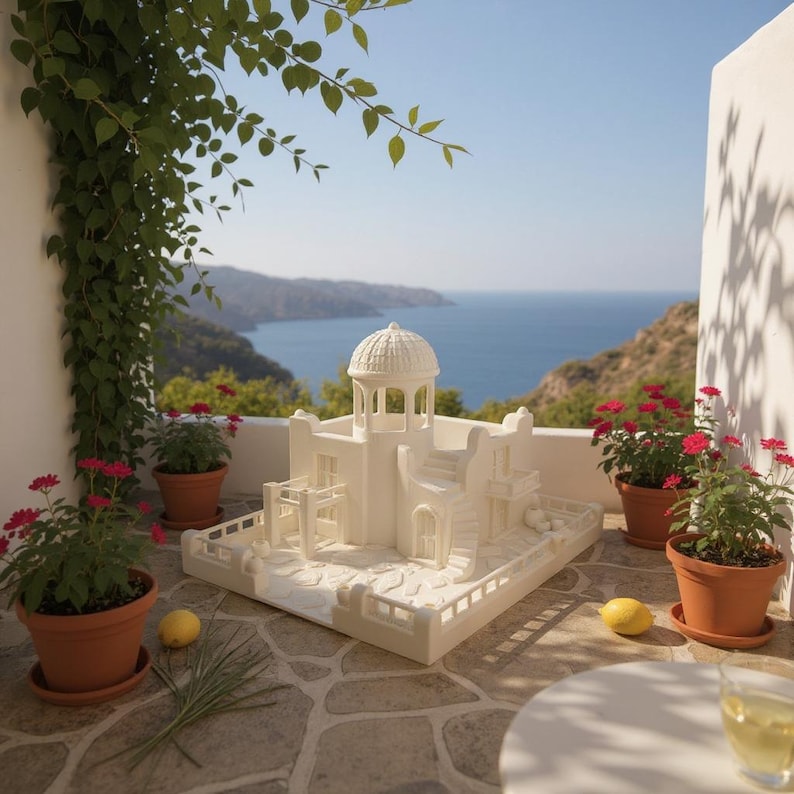 May include: A white architectural model of a building with a domed roof, stairs, and balconies. The model is on a stone patio with potted plants and a view of the ocean and mountains in the background.