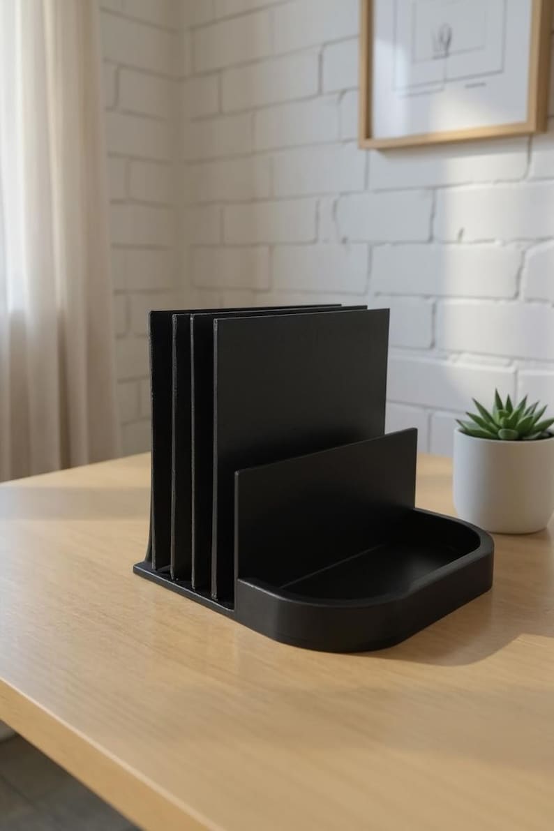 May include: A black desk organizer with multiple vertical slots for papers and a small tray. The organizer is made of a solid material and sits on a light-colored wooden desk. A small potted succulent is visible in the background.