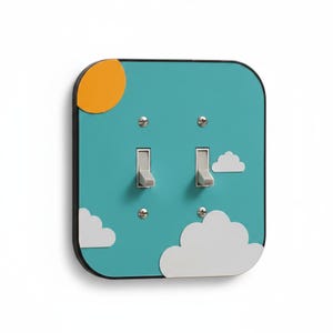 May include: A square double light switch plate featuring a sky blue background with a bright orange sun in the top left corner and white clouds of varying sizes positioned at the bottom and right side, secured by four silver metal screws.