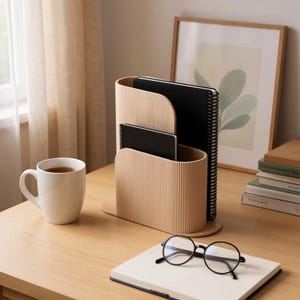 May include: A beige, ribbed, multi-tiered desk organizer holding two black spiral-bound notebooks. The organizer features a curved, stepped design with two distinct compartments for upright storage, set on a flat, oval-shaped base.