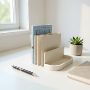 May include: A beige desk organizer with multiple compartments, holding a book titled "THICH" and several beige file folders. A pen lies on the white surface. A small potted succulent is visible in the background.