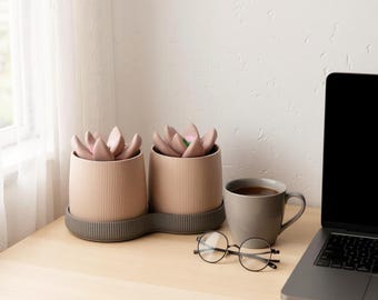 Modern Ribbed Duo Planter – Succulent Pot with Drainage | Minimalist Twin Plant Pot