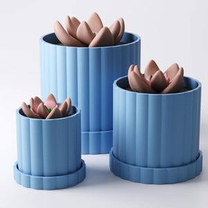 May include: Three blue cylindrical planters of varying sizes, each with a ribbed exterior and a matching saucer base. Each planter contains a faux succulent with soft pink petals. The planters are arranged on a white surface.