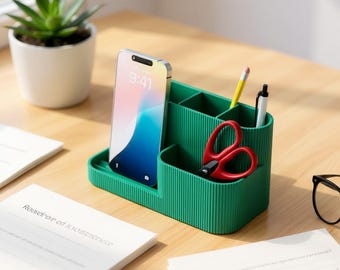 Multi-Compartment Desk Caddy |  Ribbed Office Organizer | Phone Stand Pen Holder Set