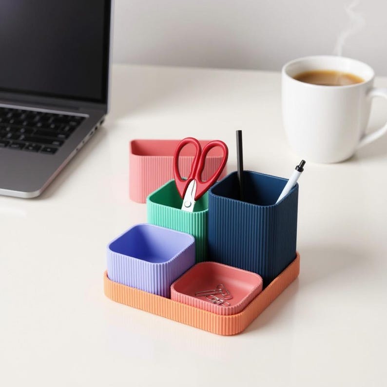 May include: A multi-compartment desk tidy in various colours. The set includes a coral tray, a small red dish, a purple square container, a green square container, a red rectangular container, and a navy blue square container. Scissors, pens, and paper clips are inside.