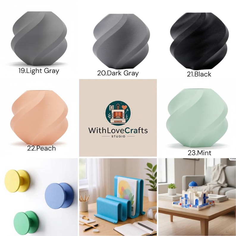 May include: A collection of home decor items, including vases in light gray, dark gray, black, peach, and mint colors. The image also shows a logo for WithLoveCrafts Studio, along with yellow, blue, and green wall hooks, and blue bookends.