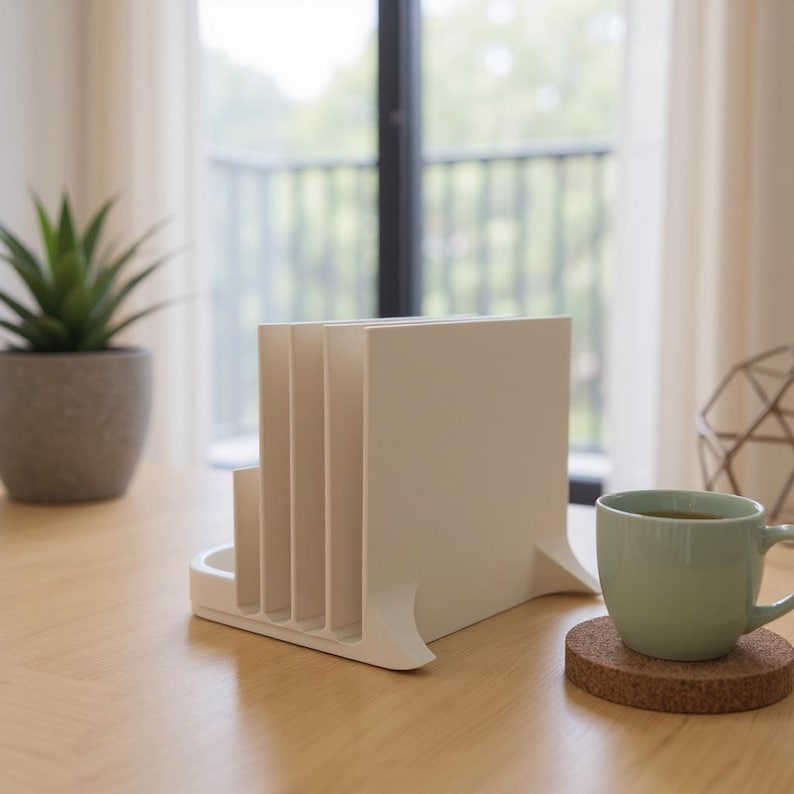 May include: A cream-colored desk organizer with multiple vertical slots for holding files or papers. The organizer has a curved base and is on a light wood surface. A green mug with tea sits on a cork coaster.