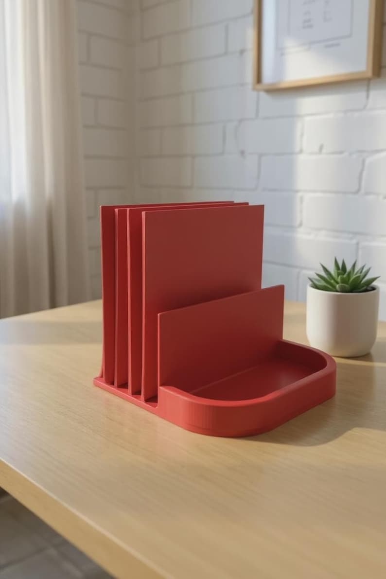 May include: A red desk organizer with multiple vertical slots for papers and a small tray. The organizer is made of a solid material and sits on a light-colored wooden surface. A small potted succulent is visible in the background.
