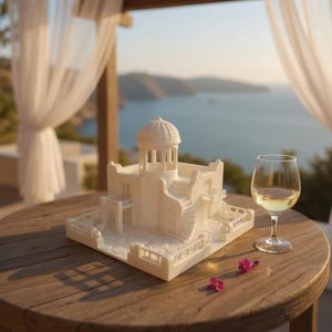 May include: A white architectural model of a building with a domed roof, stairs, and balconies, placed on a wooden table. A glass of white wine and pink flowers are next to the model. The background shows a scenic view of the ocean.