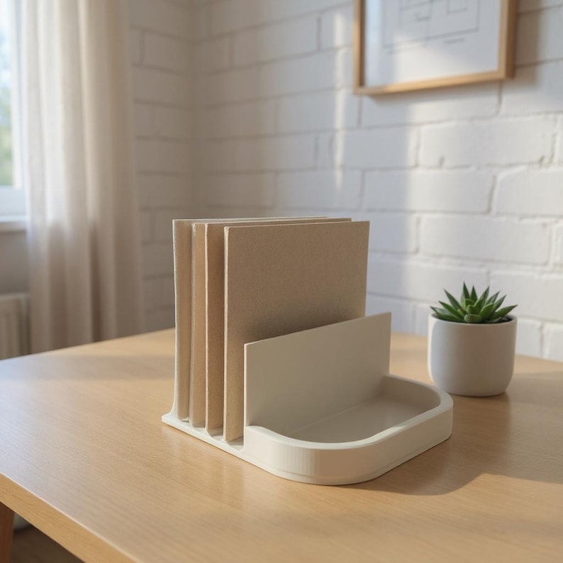 May include: A beige desk organizer with a curved base and multiple slots for holding files or papers. The organizer is on a light wood table, with a small potted succulent plant in the background.