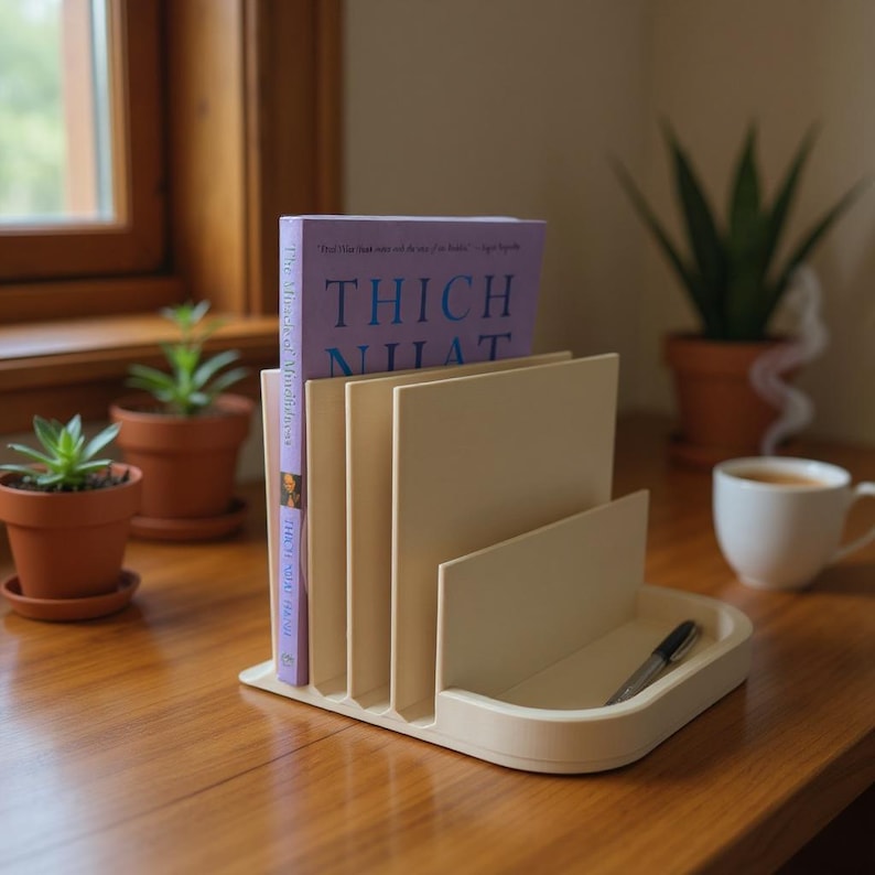 May include: A cream-colored desk organizer with multiple vertical slots and a small tray. A book titled "THICH NHAT" is in one slot. A pen rests in the tray. The organizer sits on a wooden surface, with a cup of coffee and plants in the background.