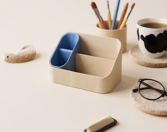 Multi-Compartment Desk Organizer Set | Printed Office Storage | Ribbed Desktop Caddy