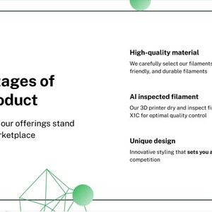 May include: A white graphic with the text "Advantages of Our Product" and "Discover why our offerings stand out in the marketplace." Additional text highlights high-quality material, AI-inspected filament, and unique design.