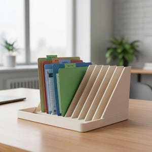 May include: A beige desk organizer with angled dividers holds colorful file folders. The folders are labeled and arranged in a row. The organizer sits on a wooden desk, with a window and plants in the background.