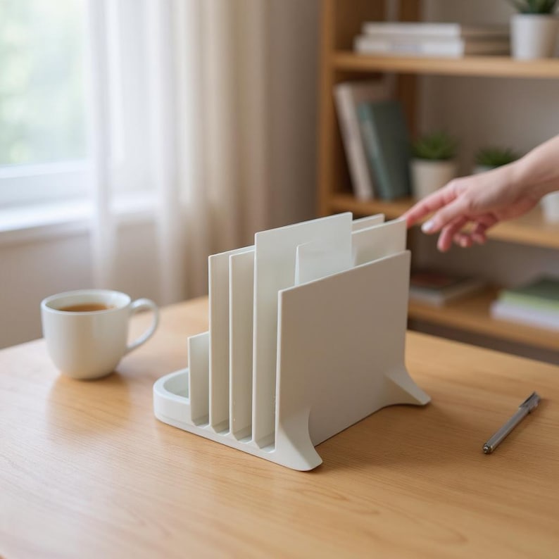 May include: A white desk organizer with multiple vertical slots for papers or files. The organizer has a rounded base and a modern design. A white mug of tea and a pen are also on the wooden desk.