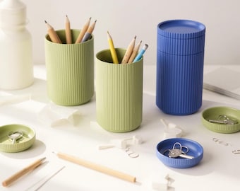 Modern Fluted Desk Organizer Set |  Pen Holder & Storage Containers | Minimalist Office Decor