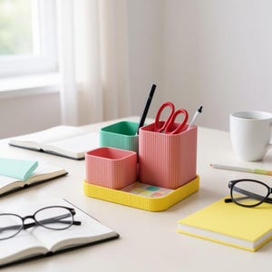 May include: A desk tidy with a yellow base, holding three containers in coral and green. The containers hold pens, scissors, and other stationery. A notebook, glasses, and a coffee cup are also on the desk.