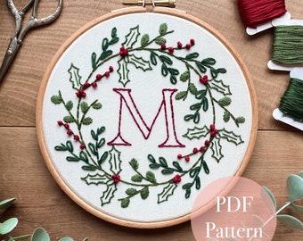 Christmas Initial Hoop Embroidery Pattern | Digital download | Full Alphabet | 26 letters | Monogram | A-Z | 6 inch hoop