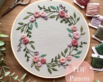 Floral Bloom Wreath | Floral Embroidery Pattern | Embroidery Hoop Art PDF Pattern | Digital download | Embroidery Pattern | 8 inch hoop