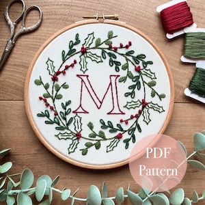 Christmas Initial Hoop Embroidery Pattern | Digital download | Full Alphabet | 26 letters | Monogram | A-Z | 6 inch hoop