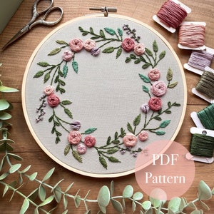 Floral Bloom Wreath | Floral Embroidery Pattern | Embroidery Hoop Art PDF Pattern | Digital download | Embroidery Pattern | 8 inch hoop