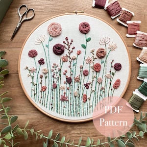 ワイルドフラワー ウィルダネス | 花の刺繍パターン | 刺繍枠アート PDF パターン | デジタル ダウンロード | 刺繍パターン | 10 インチ デザイン