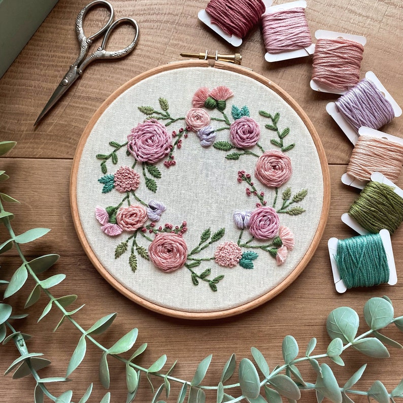 Floral Spring Wreath embroidery hoop art Physical Hoop 6 inch hoop image 1