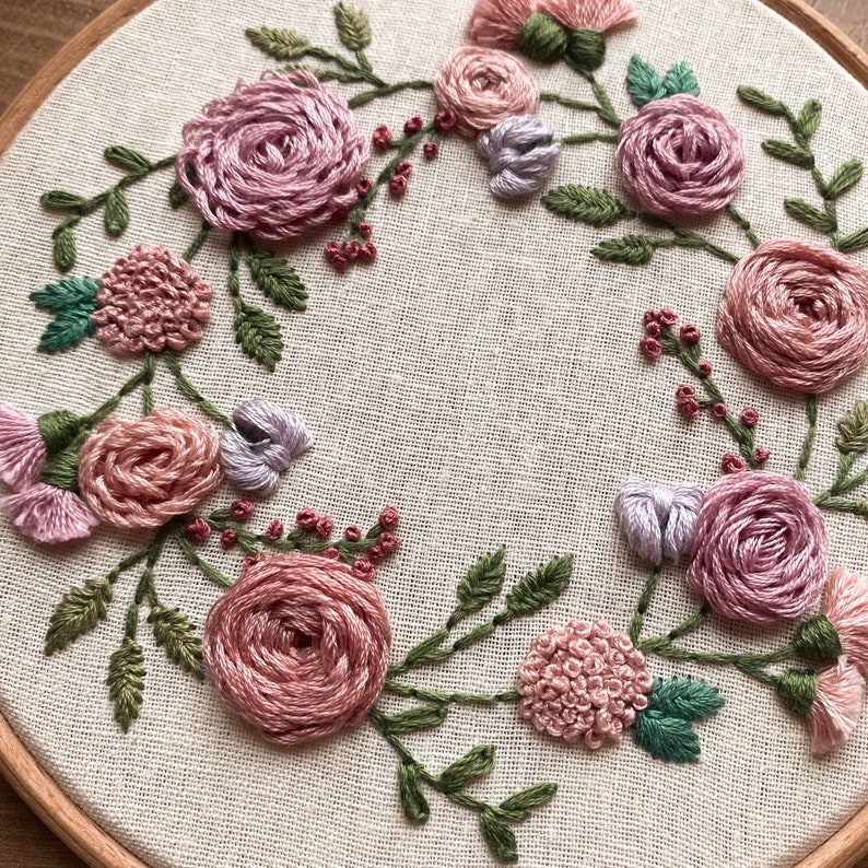 Floral Spring Wreath embroidery hoop art Physical Hoop 6 inch hoop image 3