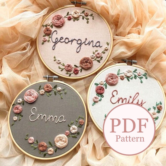 Floral Name Hoop Pattern Embroidery Hoop Art PDF Pattern Digital