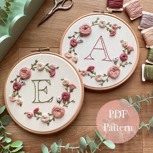 Floral Initial Hoop Embroidery Pattern | Digital download | Full Alphabet | 26 letters | Monogram | A-Z | 6 inch design