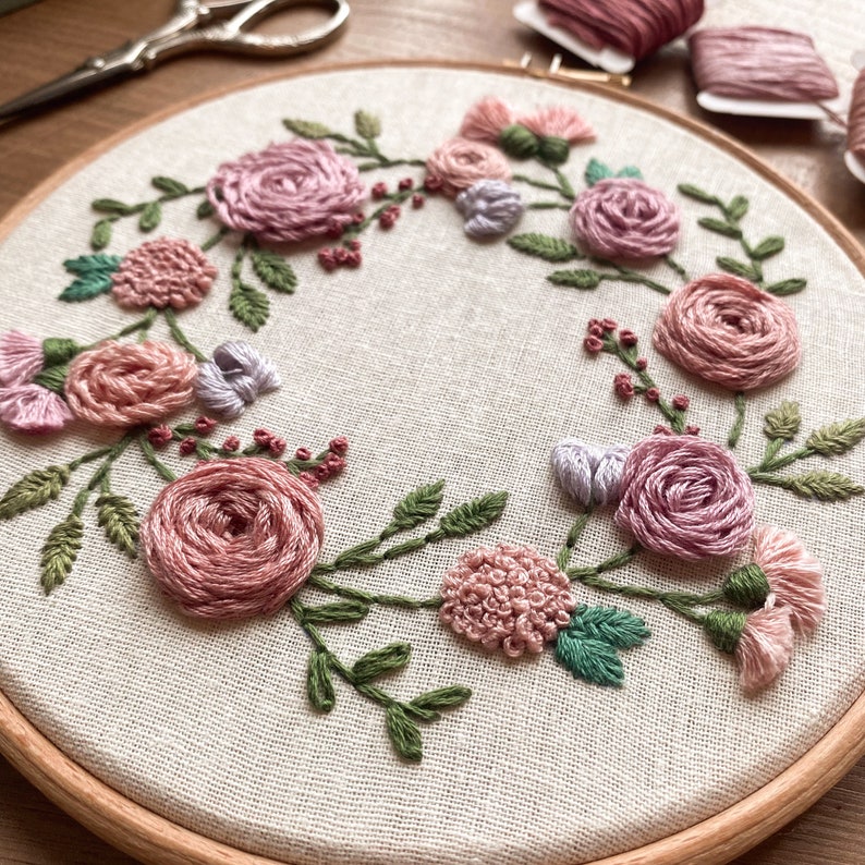 Floral Spring Wreath embroidery hoop art Physical Hoop 6 inch hoop image 2