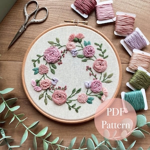Floral Spring Wreath | Floral Embroidery Pattern | Embroidery Hoop Art PDF Pattern | Digital download | Embroidery Pattern | 6 inch design