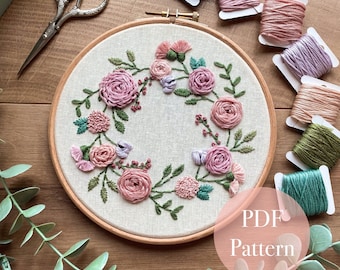 Floral Spring Wreath | Floral Embroidery Pattern | Embroidery Hoop Art PDF Pattern | Digital download | Embroidery Pattern | 6 inch design