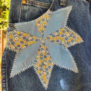 Indigo High-Waisted Wrangler Shorts with 1930's Patchwork Star Quilt Patches image 3