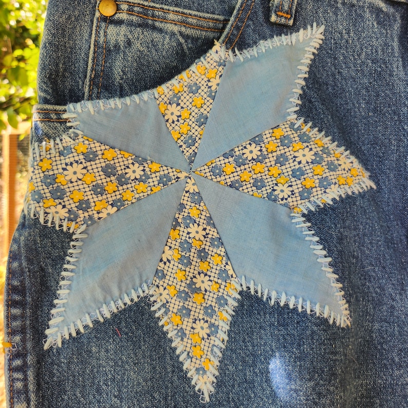 Indigo High-Waisted Wrangler Shorts with 1930's Patchwork Star Quilt Patches image 3